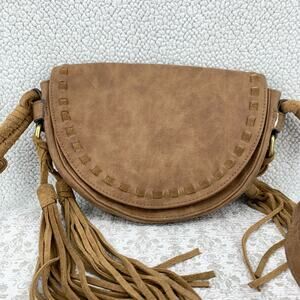 Merona Small Boho Half Moon Tan Crossbody Handbag Purse with Leather Tassels